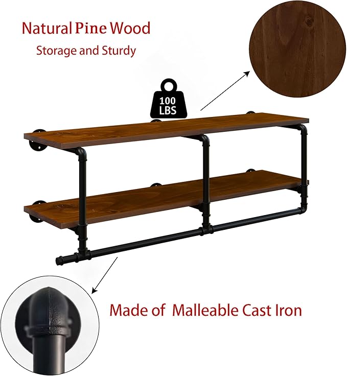 Wall Mounted Clothes Rack 12 Inch Deep, 48 Inch Heavy Duty Garment Rack with Real Walnut Wood Shelf, Multi-Purpose Hanging Rod & Space-Saving Closet Storage Organizer