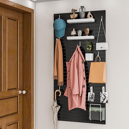 Pegboard Combination Kit for Wall Organizer, Wall Mounted Peg Board Kits for Kitchen, Bedroom, Office, &Bathroom, 4 Pieces Black Pegboards and 14 Accessories, 22" x 22"