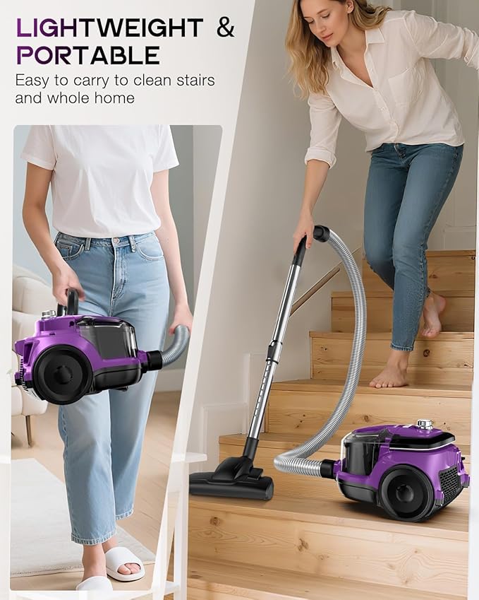 Zefiro Canister Vacuum Cleaner, Bagless Canister Vacuum for Home, Powerful Suction, Auto Cord Rewind, HEPA Filter, Corded Vacuum for Hard Floors, Carpet, Pet Hair, Apartment/Rental Friendly(Purple)
