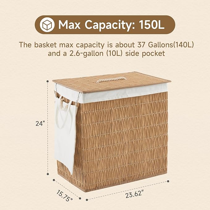 Laundry Hamper with Lid, 39.6 Gallon(150L) Large Laundry Basket 2 Removable Liner Bags, Synthetic Rattan Clothes Hamper with Side Pocket, laundry organization for bathroom, laundry room, Natural