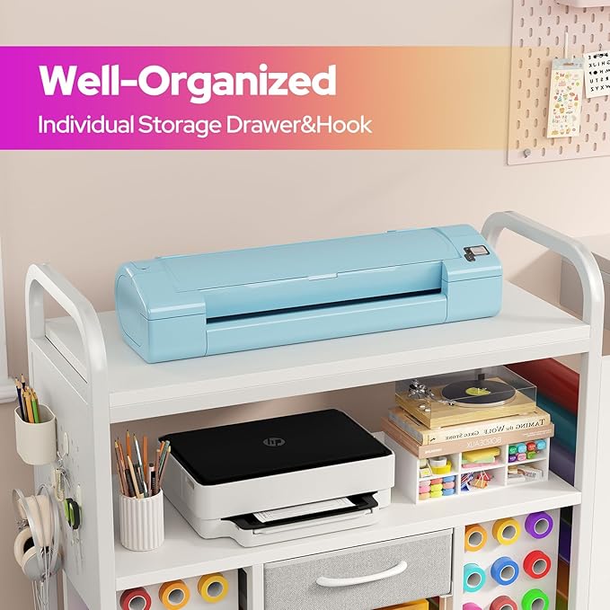 Craft Organization and Storage Cart, Large Rolling Craft Organizer Workstation with Vinyl Roll Holder & Hook up, Cutting Machine Stand Compatible for Cricut Machines, Craft Room