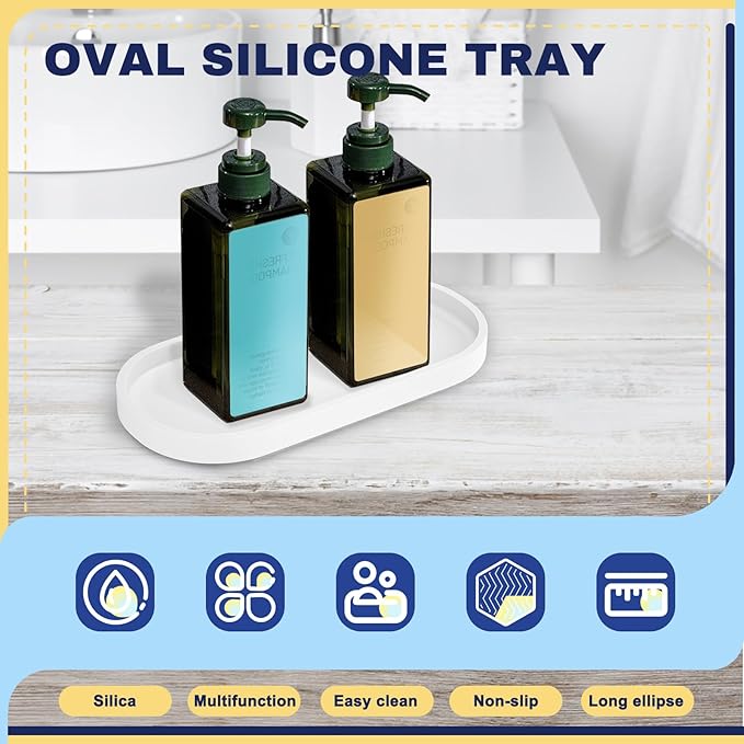 2 Pieces Silicone Shatterproof Bathroom Vanity Tray, 9.8" & 11.8" Oval White Kitchen Counter Tray, Hand Soap Dispenser Tray, Toilet Top Perfume Trays for Dresser Holder Organizer (White)