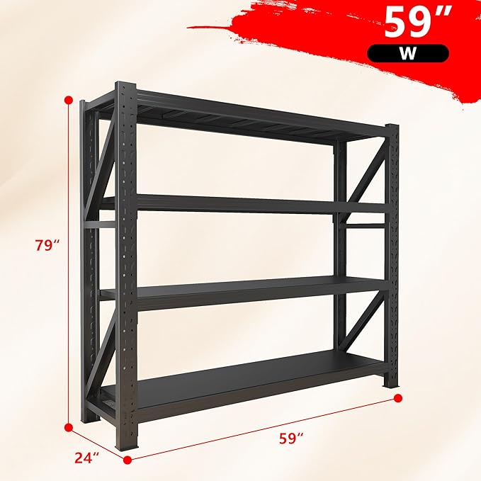 59” W Storage Shelves, 5000LBS Garage Shelving Heavy Duty, 4-Tier Adjustable Metal Storage Shelves, Steel Industrial Shelving Unit, Metal Shelving for Garage, Basement, Warehouse (Black, 59x24x79in)