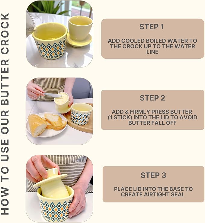Butter Crock with Lid for Countertop, Butter Keeper Crock with Water, French Butter Dish Ceramic, Butter Holder with Lid for Spreadable Butter, Butter Container for Counter (Pastel Stripes, white)