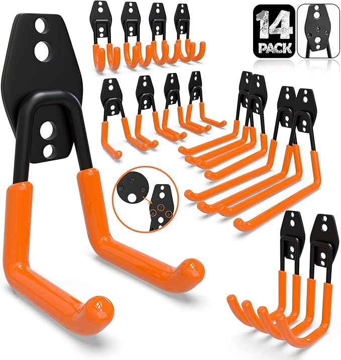 3-H Garage Wall Hooks 14 Pack, Garage Hooks Heavy Duty with Extra Welding Spots, Wall Mount Storage Organizer for Hanging Garden Lawn Tools Ladder Bike WeedEater Chair Shovel Blower (Orange)