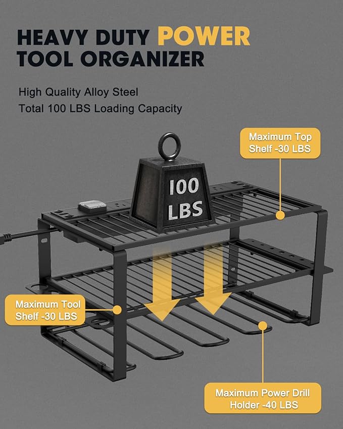 Wall Mount Power Tool Organizer and Charging Station - 6 AC Outlets, 3 Layers for Drills, Great as Heavy Duty Garage Tool Rack