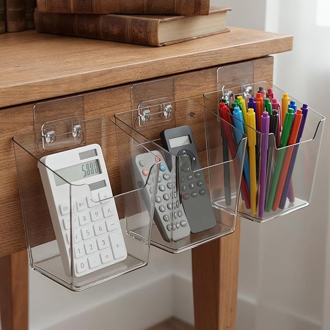 6 Pcs Clear Adhesive Wall Storage Bins, Small Cabinet Door Organizer Holders, Hanging Wall Mount Pockets, Plastic Cups for Shower Bathroom Makeup Office Craft Remote Kitchen Sink RV Organization