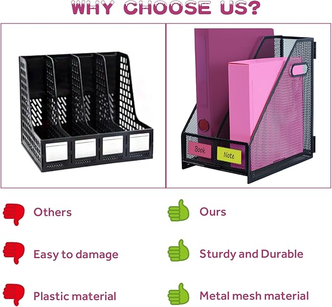 Desk Organizers, Metal Magazine File Holder with 2 Vertical Compartments Rack Binder File Organizer for Office Supplies, Home Workspace - Black