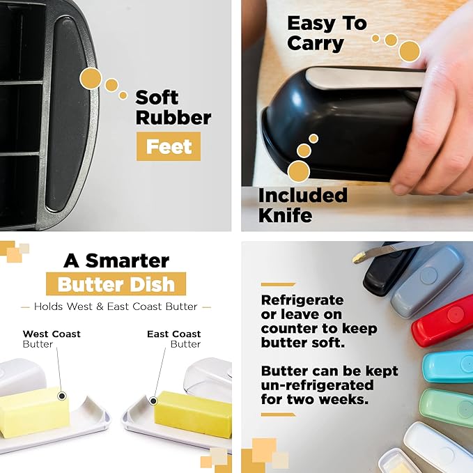 Butter Hub Extra Large Butter Dish with Lid and Knife, European Size Magnetic Butter Keeper, Easy Scoop, No Mess Lid, Plastic, Dishwasher Safe (Clear, European / 2 Sticks)