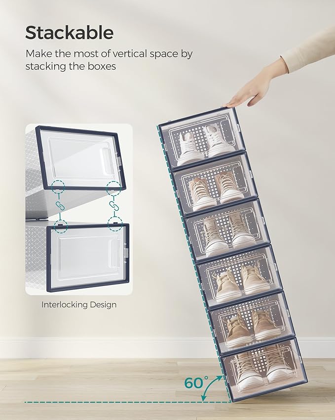 SONGMICS Shoe Boxes, Pack of 12 Shoe Storage Organizers, Stackable Clear Plastic Boxes for Closet, Sneakers, 13.1 x 9.1 x 5.6 Inches, Transparent and Charcoal Blue ULSP12SB30