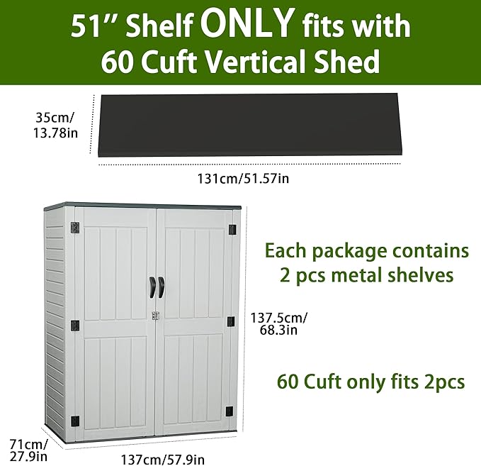 EHHLY Vertical Resin Storage Shed with 2 Shelves, 60 Cuft Garden Tool Sheds & Outdoor Storage, Plastic Outdoor Storage Cabinet Waterproof, 4.5 x 2.3 ft Outside Lawn Mower Storage Shed, Light Grey