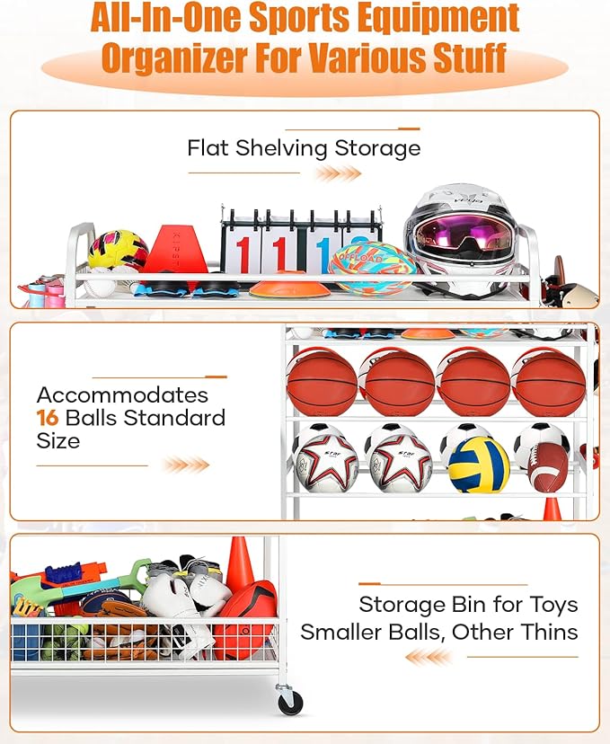 Garage Sports Equipment Organizer - Rolling Ball Storage Bin with Wheels, Garage Sports Gear Rack Outdoor Basketball Racks for Balls with Baseball Bat Holder and Hooks, Toy Organizer(White)