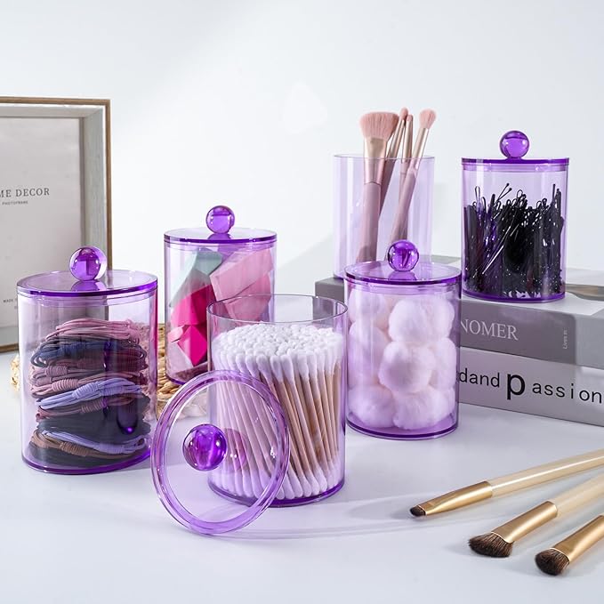 6 Pack Qtip Holder,Canister Apothecary Jar Set, Bathroom Jars with Lids Set for Cotton Swabs, Balls, Pads, Floss Picks,10oz-12oz Plastic Canisters Restroom Bedroom Vanity Organizer(Purple)