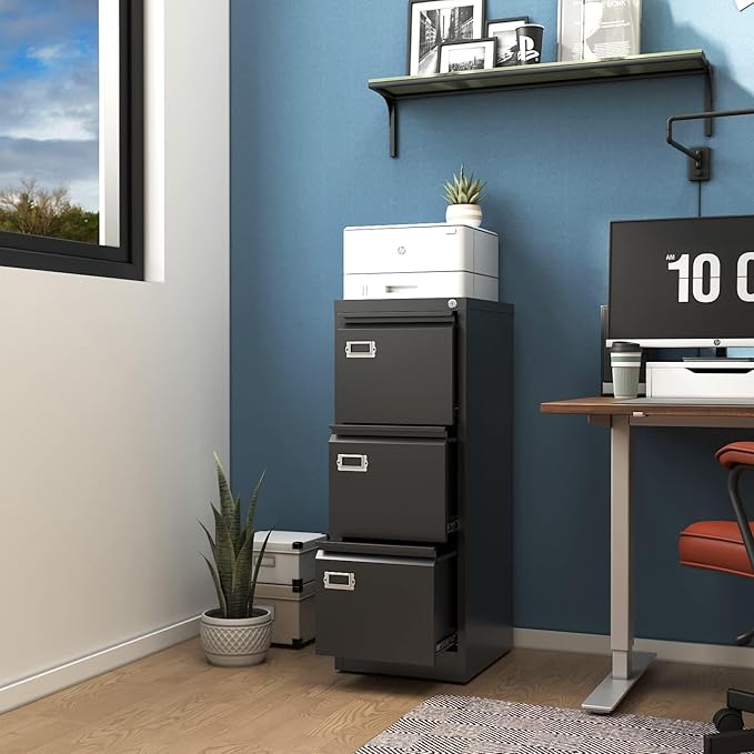 3-Drawer File Cabinet, 16.3" Deep Vertical Filing Cabinet with Lock, Metal File Cabinet for Home Office, Anti-Tip 3 Storage Drawers for Letter/Legal/A4/F4 Size, Assembly Required, Black