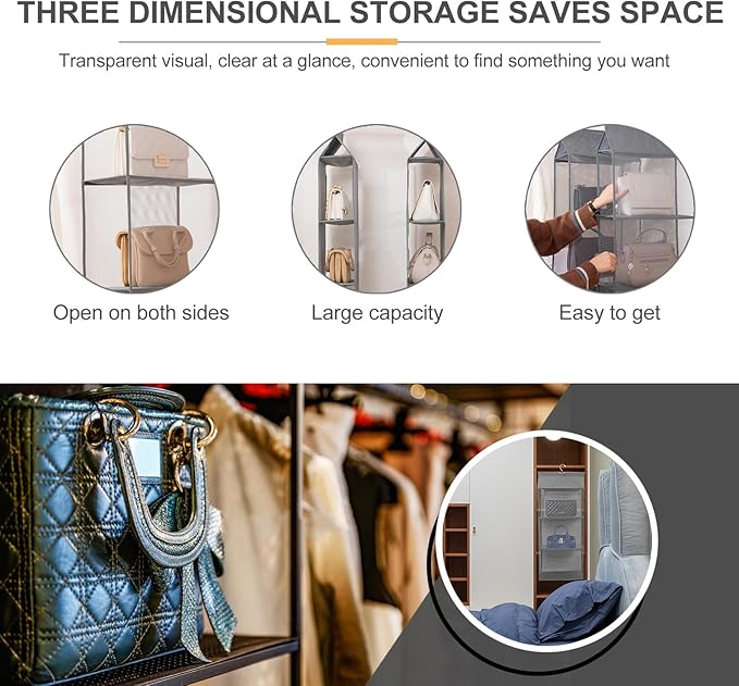 Grey Hanging Storage Organizer Bag Dustproof Mesh Compartments for Closet Wardrobe Bedroom Living Practical Hanging Storage Bag for Handbags Shoes Sweaters and Household Items