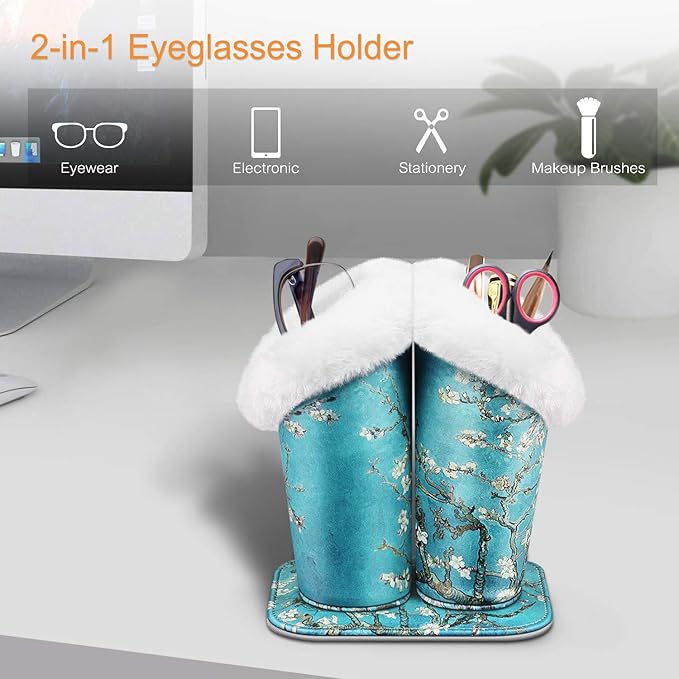 Fintie Plush Lined Double Eyeglasses Holder with Magnetic Base, Glasses Stand Case Organizer for Desk, Nightstand, Office, Blossom