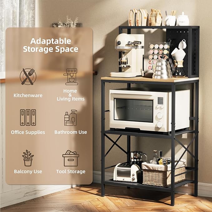 Kitchen Bakers Rack with Pegboard, 4-Tiers Coffee Bar Table, Heavy-Duty Metal Microwave Stand, Adjustable Storage Shelf Rack for Living Room, Garage, Office