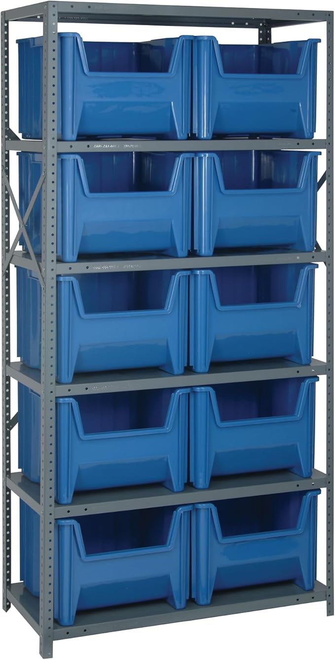 Quantum QSBU-800BL Heavy Duty Shelving Unit with (6) Shelves and (10) QGH800 Blue Bins for Industrial Warehouse Storage Distribution | 400 lbs Load Capacity | 18"D x 36"L x 75"H, Gray Carbon Steel