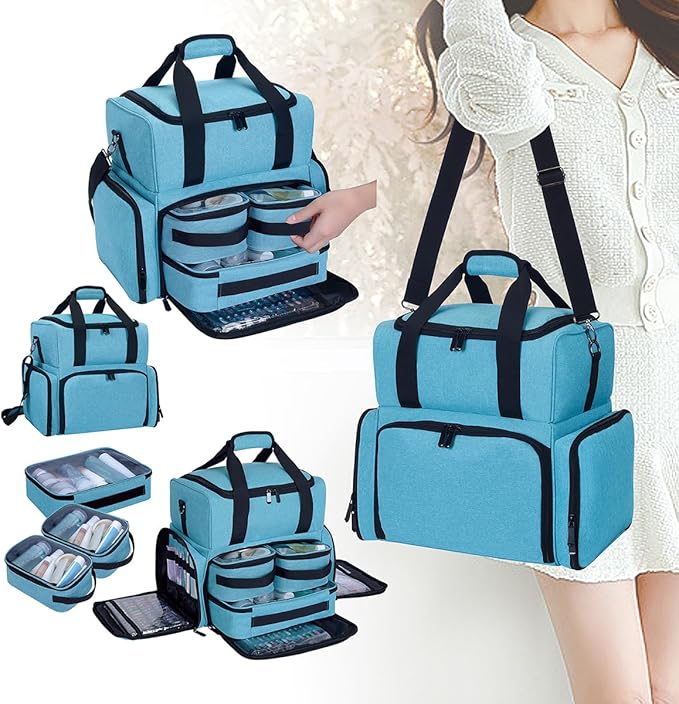 Large Makeup Cosmetic Bag with 3 Removable Case and 2 Removable Dividers Double Layer Travel Storage Organizer, Makeup Brushes Storage Section Lake Green