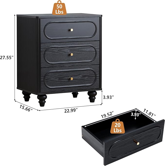 ORRD 3 Drawer Fluted Dresser for Bedroom Set of 2, Mid Century Modern Chest of Drawers, Wood Storage Small Dresser Organizer for Bedroom Living Room Hallway Closet, Black