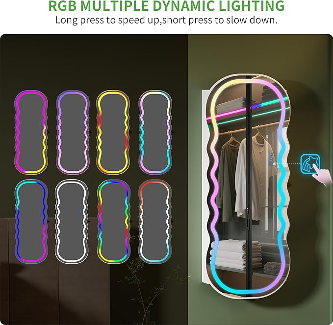 HNEBC LED Mirror Jewelry Cabinet with RGB Lights,42.5" Wall Mounted Jewelry Organizer with Full-Length Mirror,Over The Door Hanging Jewelry Armoire Storage Cabinet,Lockable,Wide Wavy Mirror