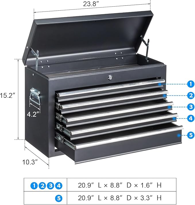 Metal Tool Box Organizer | Lockable Tool Chest | Toolbox with 5 Sliding Drawers | Large Tool Storage Box Organizer | Portable Toolchest with Keys for Garage Workshop and Tool Room | Black