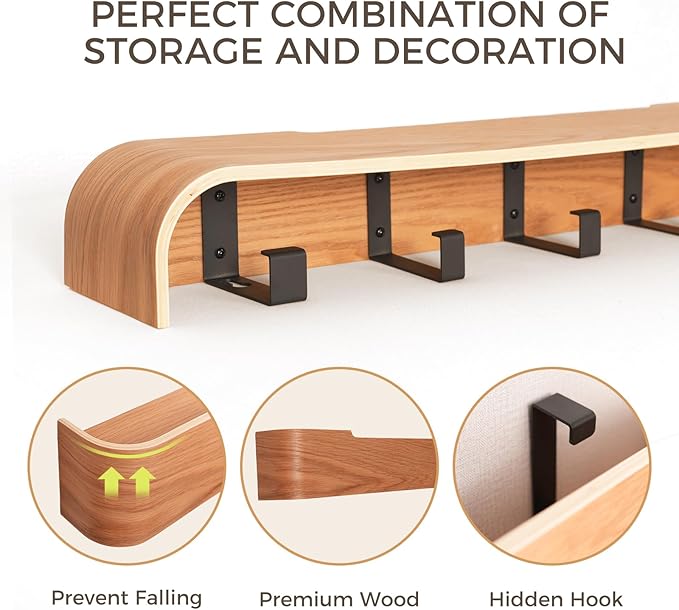 Wall Coat Rack Floating Shelves Modern Coat Rack Wall Mount with Storage Entryway Shelf Wooden Hanger 20 Inch 4 Hidden Metal Hooks for Living Room Bedroom (Oak, 4 Hooks)