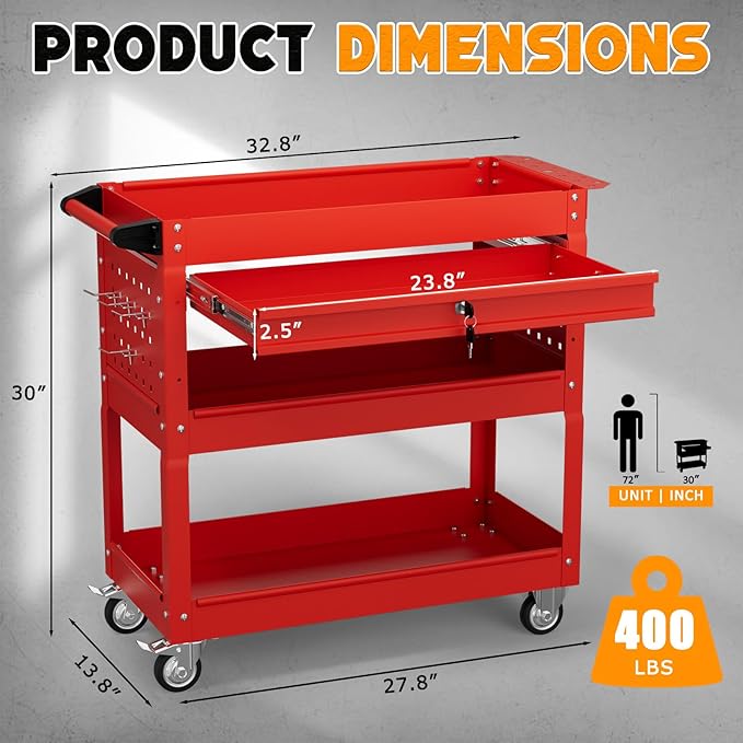 3 Tier Tool Cart on Wheels with Drawers - Three Tier Rolling Cart with Lockable Storage - Mechanic Tool Chest - Tool Chest with Wheels Used in Garage, Indoors, Workshop (Red)