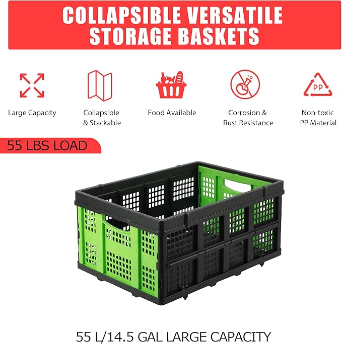 55L Collapsible Crates for Storage,Stackable & Collapsible Milk Crates, Stackable Storage Baskets, Folding Storage Containers for Organizing Tools, Books, Food, Drinks, Camping & Transport
