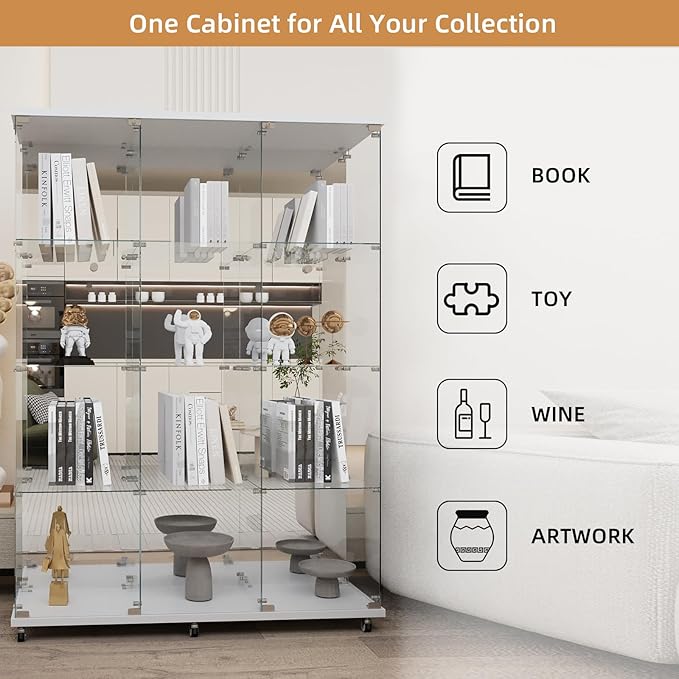 Beauty4U Glass Display Cabinet with Mirror Back Panel, 12 Shelves with 3 Columns, 2 Doors Curio Cabinets for Living Room, Bedroom, Office, White Floor Standing Glass Bookshelf, Quick Installation