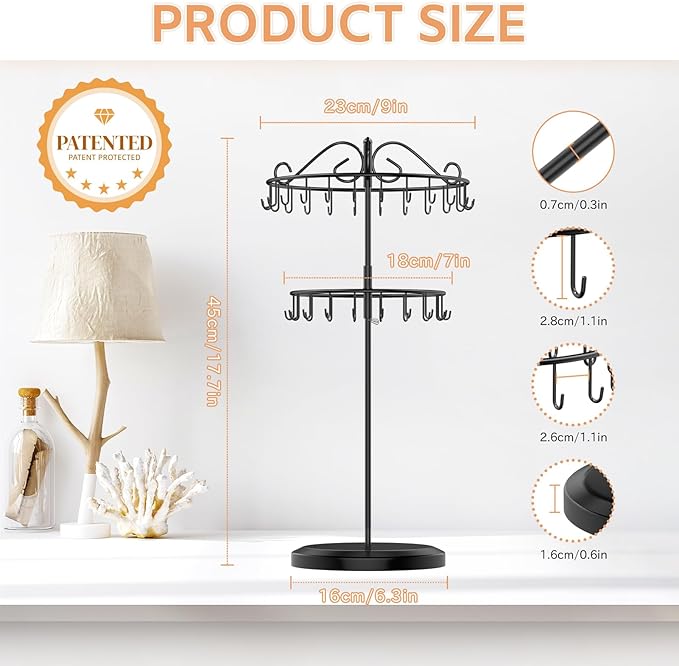 iDavosic.ly 2 Tier Rotating Necklace Holder Organizer with 42 Hooks, Adjustable Metal Bracelet Display Stand Rack, Extra Tall Keychain Spinning Tree Tower for Women, Black