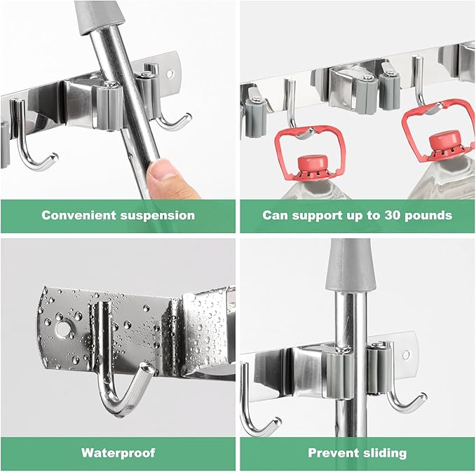 5 Pack Broom Holder Wall Mount 3 Racks 4 Hooks Stainless Steel Broom Mop Holder Anti Slip Storage Rack Strong Load Bearing Waterproof Broom and Mop Organizer Wall Hanging for Bathroom Kitchen Garage