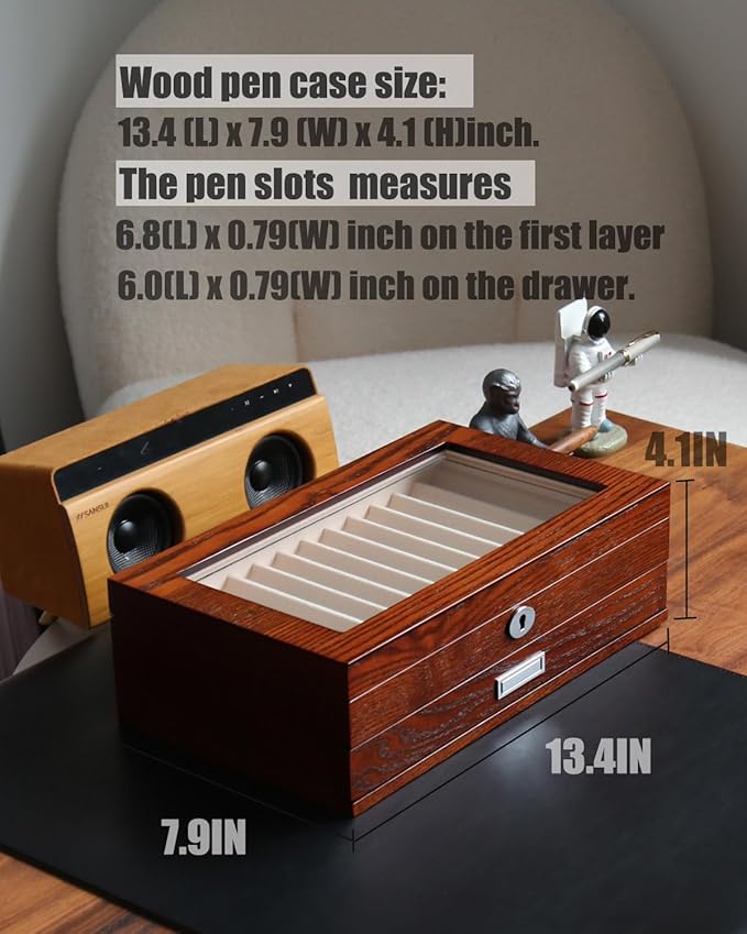 wood pen display case 24 slot Fountain pen Box storage Organizer with drawer, Top Glass Window Pen Collection Display Case