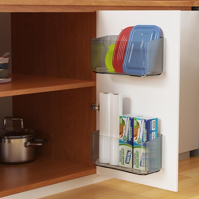 MaraFansie 2 Pack Plastic Lid Organizers - Inside Cabinet for Kitchen, No Drilling Wall Mount Container Holders for Tupperware, Food Storage, Clear Gray