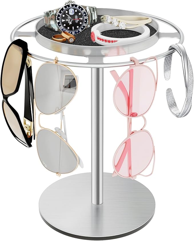 LSK Metal Sunglasses Organizer, Glasses Holder Stand with Storgae Tray, Eyeglasses Holder with Anti-Slip Pads for Tabletop, Desk, Dresser, Brushed Nickel