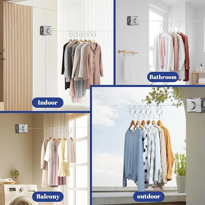 Retractable Clothesline Indoor, Non-Sagging Outdoor Clothes Line Retracting, 16.7 Ft Heavy Duty Clothes Drying Laundry Line, Wall Mounted Stainless Steel Clothesline for Balconies,Bathroom (Grey)