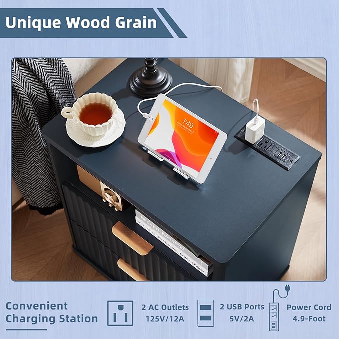 LEYAOYAO Fluted Nightstand Set of 2 with Charging Station,23" Modern Nightstand with Woodgrain Top, 2 Drawer End Table w/Storage, BedsideTables for Bedroom, Living Room, Curved Profile,Blue