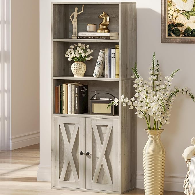 IRONCK Industrial Bookshelves and Bookcases with Doors 11.8 in Depth Floor Standing 5 Shelf Display Storage Shelves Bookcase Home Decor Furniture for Home, Office, Living Room, Bedroom