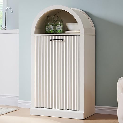 Arched Tilt-Out Trash Can Cabinet, Fluted 10 Gallon Trash Cabinet Set of 2, Modern Laundry Hamper, Hidden Garbage Can with Storage Basket for Kitchen, Living Room, White