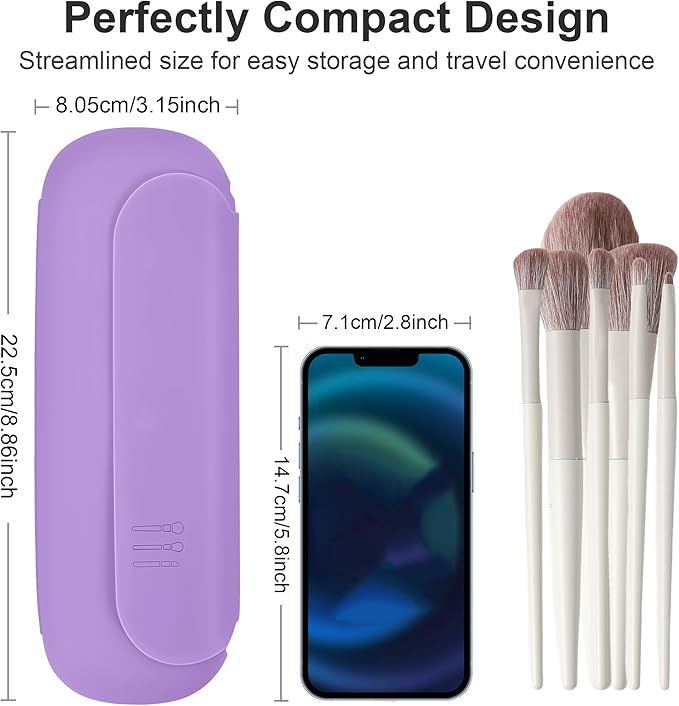 Silicone Travel Makeup Brush Holder for Women with Magnetic Closure and Built-in Brush Cleaner, Washable Cosmetic Organizer, Gift-Ready Pouch, Purple