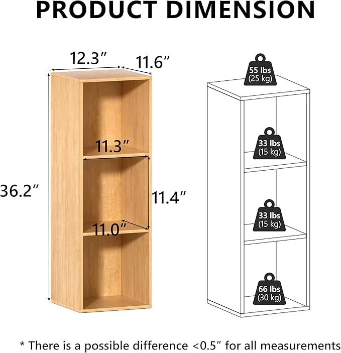3 Cube Storage Organizer, 3 Tier Cube Low Bookcase Freestanding Storage Display Organizer for Home Office, Three-Cubes Open Shelf Short Bookshelf (Oak, 3 Cube)