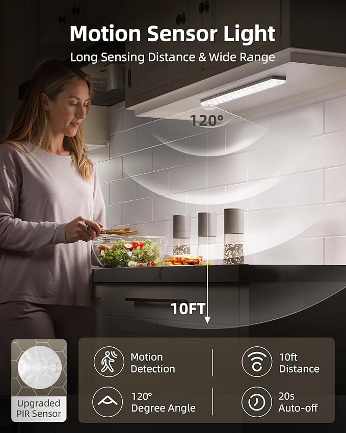 EZVALO 6-Pack Under Cabinet Lighting, 2000mAh Rechargeable Wireless Motion Sensor Lights, 62LEDs, 3 Color Temps, Dimmable, Timer, Magnetic, with Remote Control for Kitchen, Closet, Stair