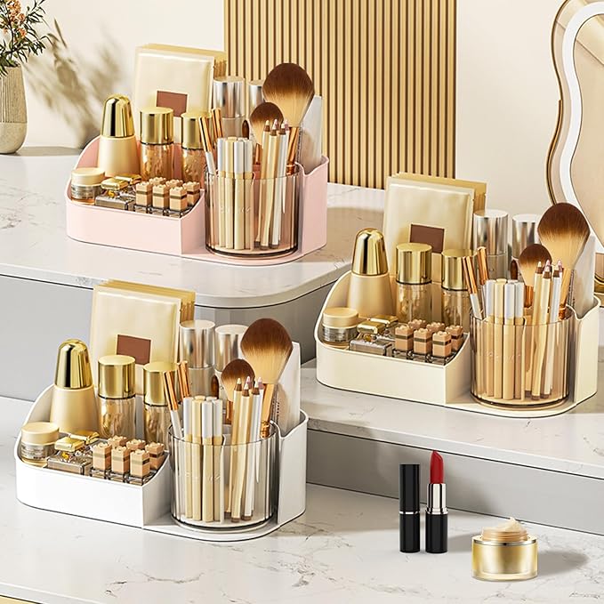 DASITON Large Capacity Makeup Organizer with 360° Rotating Makeup Brush Holder, Perfume and Skincare Storage Organizers for Vanity Bathroom Countertop, Cosmetic Display Case (Pink, 1 Tier)