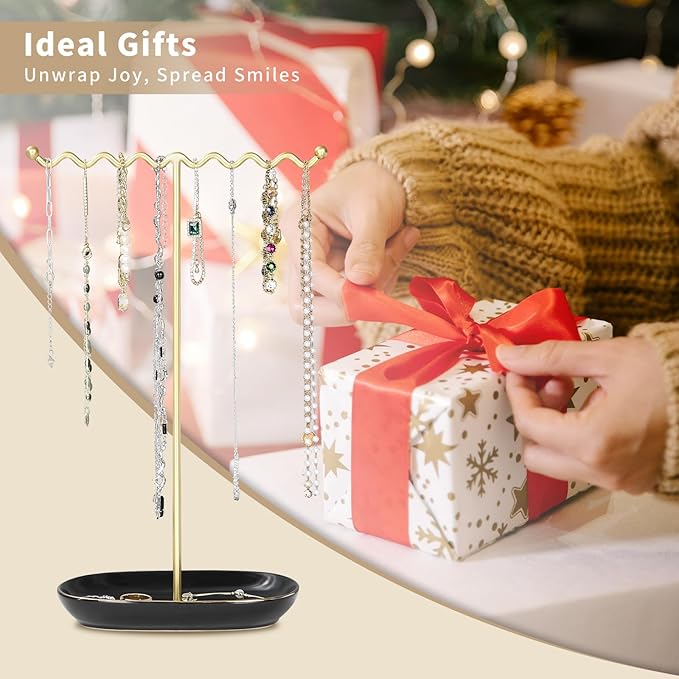Elegant Jewelry Holder Stand: Metal Tree & Ceramic Tray Organizer for Necklaces, Rings, Earrings - Durable, Rustproof Display Holder Easy to Access Deluxe Black