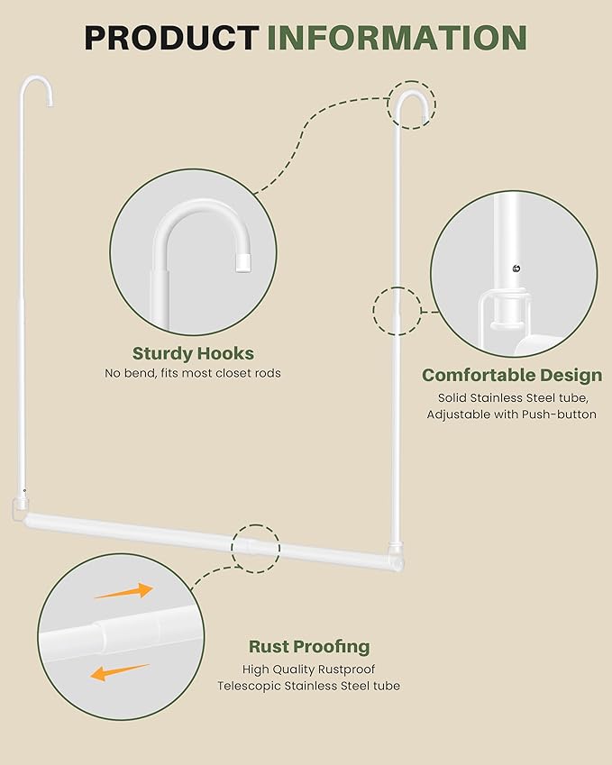 Hanging Closet Rod, 2 Pack Adjustable Height & Width Closet Rods for Hanging Clothes-Closet Extender Hanging Rod Space-Maximizing Design Suitable for Hanging and Drying Clothes, White