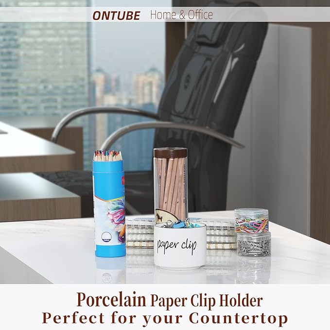 ONTUBE Farmhouse Paper Clip Holders,Ceramic Binder Clip Dispenser Organizer for Desk ,Cute Office Push Pins Holder (White)