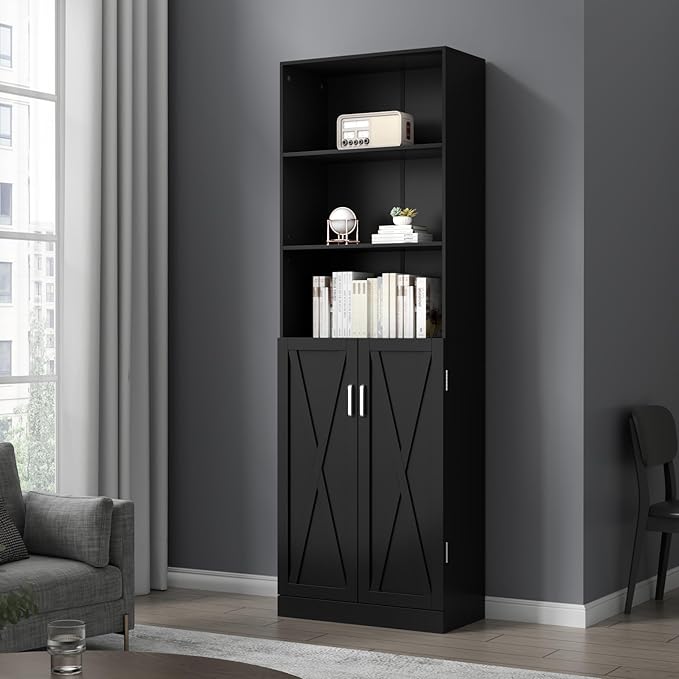 Loomie Industrial Bookshelf with Door, 6 Tier Farmhouse Book Shelf with Adjustable Shelves,70" Tall Display Etagere Bookcase,Floor Standing Unit Book Case Furniture for Home Office,Living Room (Black)