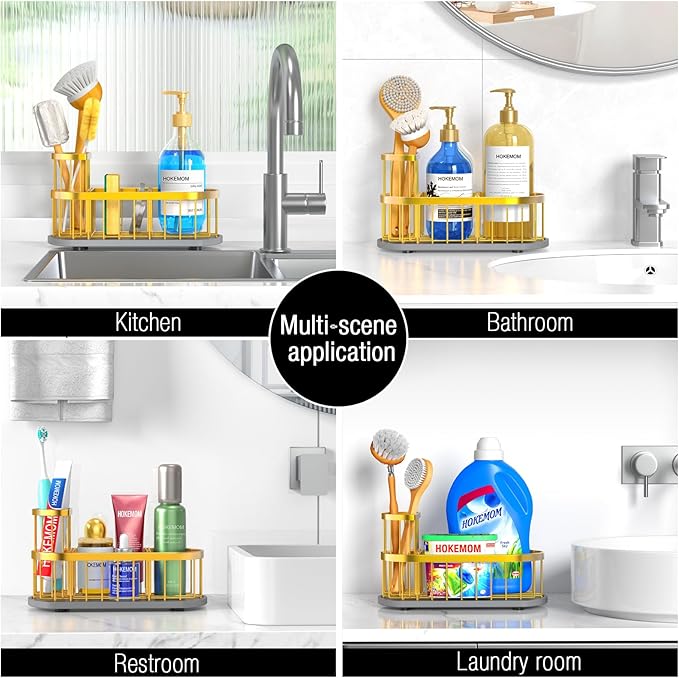 Kitchen Sink Organizer with Sponge Holder & Brush Holder - Drain-Free Non-Slip Base, 2.6mm Stainless Steel with Gold Rust-Resistant Coating - Easy Install & Clean Kitchen Sink Caddy