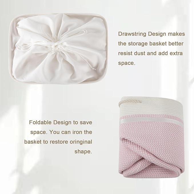 95L Extra Large Blanket Basket with Lid, 24" x 16.9" x 14.2" Woven Storage Basket for Living Room, Rectangle Nursery Blanket Storage for Toys, Towels, Dirty Clothes, Pink & White