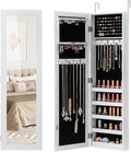 LOKO 42” Mirrored Jewelry Cabinet, Wall/Door Mounted Hanging Jewelry Armoire Organizer with Full-length Mirror, Soft Lining, 5 Storage Shelves for Accessories & Cosmetics, Christmas Gift (White)